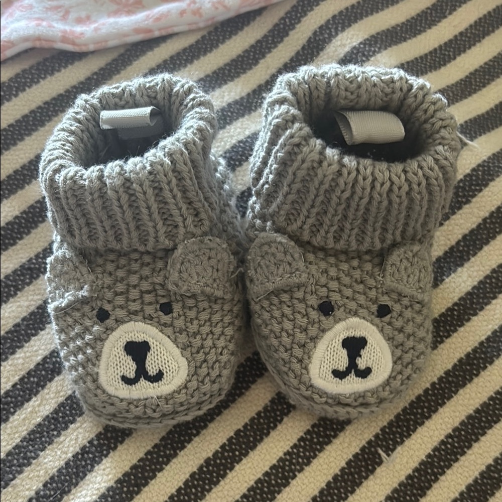 Cozy Gray Knit Bear Baby Booties